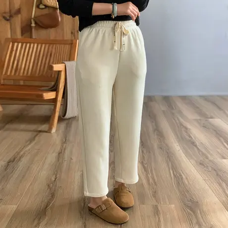 dza 高腰显瘦宽松直筒加绒裤子女冬季外穿长裤纯色休闲哈伦百搭裤图片