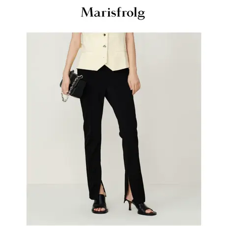 【博主同款】玛丝菲尔春夏休闲裤侧开叉西裤女显瘦黑色喇叭裤商品大图