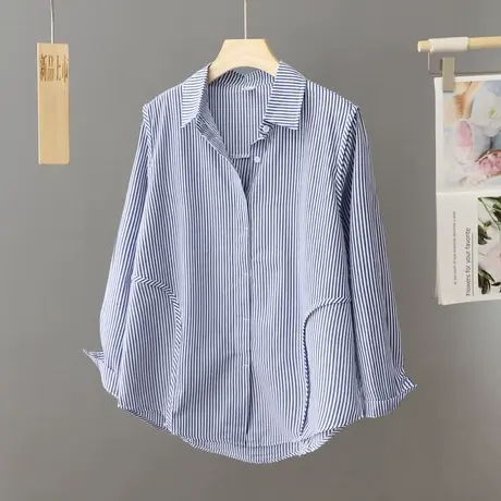 蓝色条纹休闲衬衫女宽松大码春秋季2024年新款设计感衬衣外套上衣图片