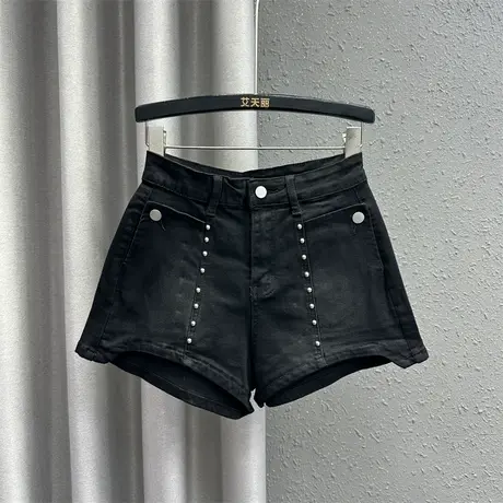 欧货韩版阔腿裤女24春夏新款黑色重工铆钉设计感时尚百搭牛仔短裤图片