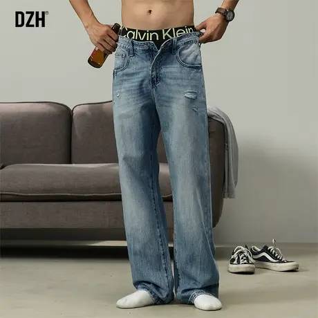 男士蓝色直筒牛仔裤男春季宽松2024新款潮男破洞裤子男款美式高街商品大图