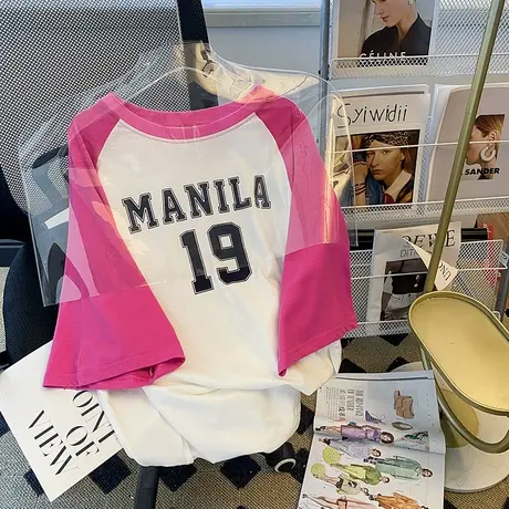 纯棉拼色设计感短袖t恤女夏季ins潮牌宽松半袖oversize大码上衣服商品大图