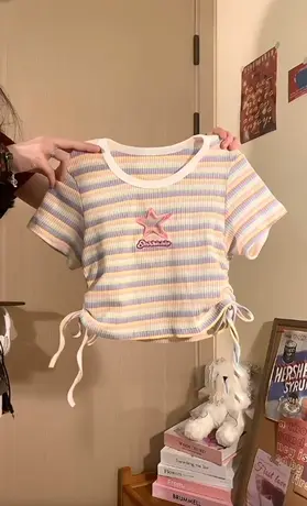 独特小众条纹短袖t恤女夏季小众设计感甜美辣妹风修身短款上衣ins商品大图