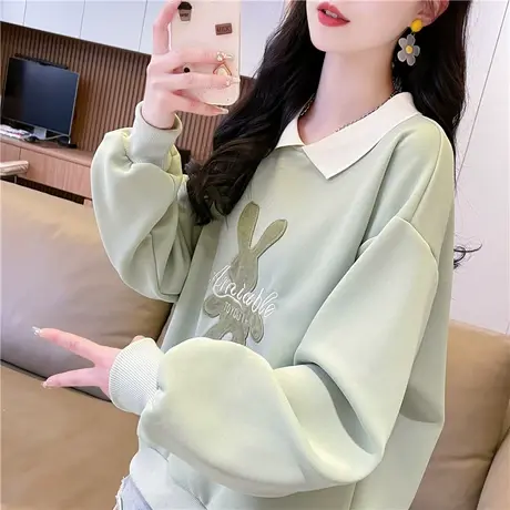 早春娃娃领卫衣女春秋韩版宽松大码女装薄款polo领假两件上衣外套图片