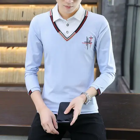 假两件衬衫领长袖T恤男2023秋季纯棉潮流翻领polo衫刺绣花上衣服商品大图