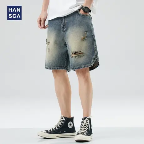 hansca美式休闲复古破洞牛仔短裤男夏季新款宽松潮流百搭五分裤子商品大图