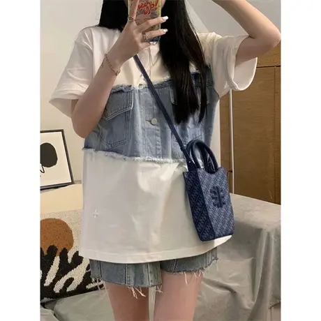 美式港风chic牛仔拼接短袖T恤女夏季宽松设计感小众纯棉半袖上衣商品大图