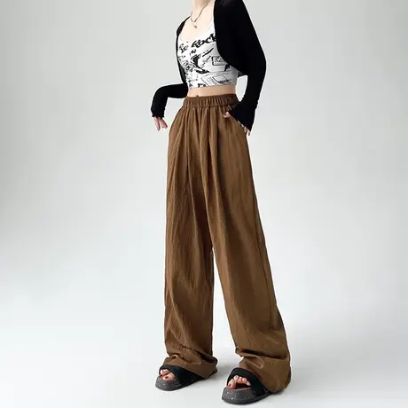 棕色冰丝棉麻阔腿裤女春夏2024新款高腰宽松显瘦慵懒风拖地山本裤商品大图