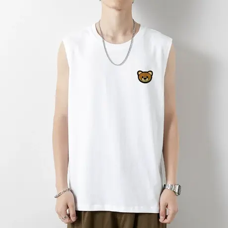 纯棉背心男潮白色小熊无袖t恤夏季外穿健身运动坎肩宽肩篮球跨栏商品大图