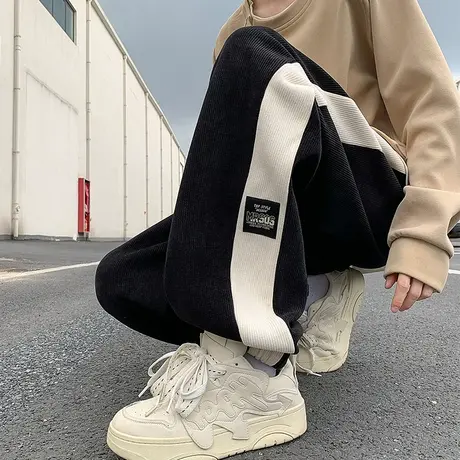 贴标刺绣裤子男秋冬季新款高街美式休闲宽松撞色条纹束脚运动长裤商品大图