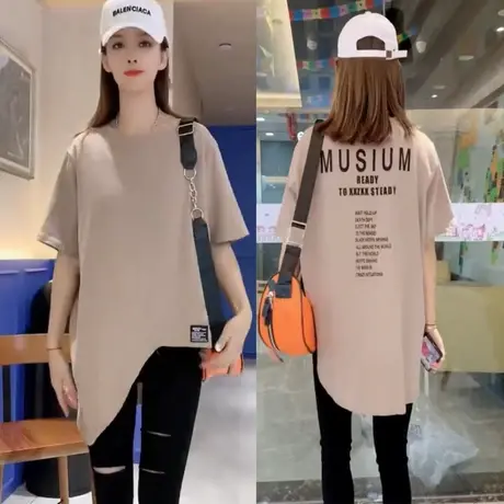 欧洲站不规则短袖t恤女2023夏季新款宽松前短后长设计感中长上衣商品大图