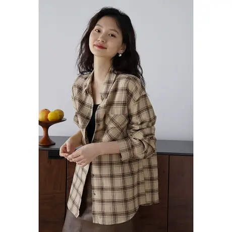嘉茱莉2023秋季新款1OO棉格子衬衫女宽松慵懒风衬衣法式小众上衣商品大图