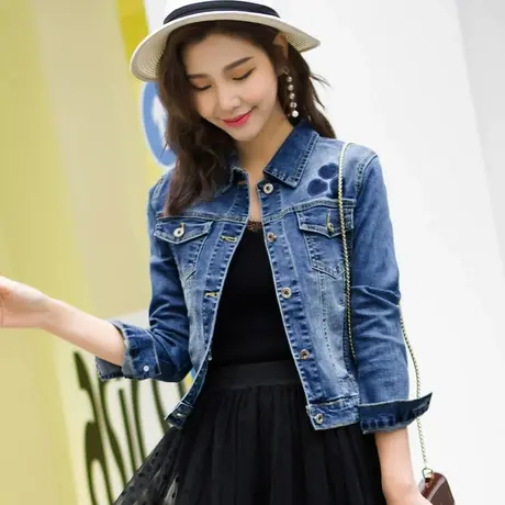 牛仔外套女短款修身韩版新款显瘦学生长袖春秋牛仔服上衣弹力心形商品大图