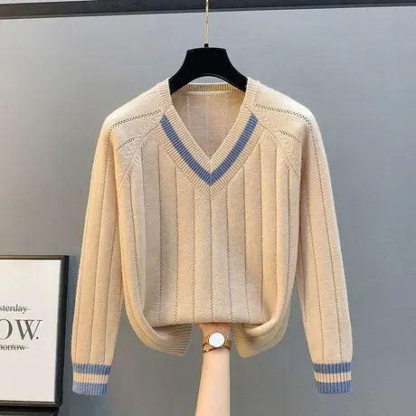 2023年春装新款V领针织衫夹色毛衣女套头洋气宽松外穿长袖上衣女图片