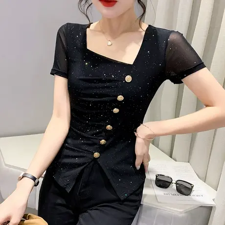 设计感网纱短袖T恤女洋气性感方领上衣不规则开叉半袖紧身小衫夏商品大图