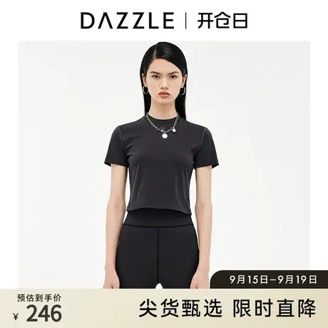 DAZZLE地素 奥莱春季黑色立体印花弹力短款T恤上衣女商品大图