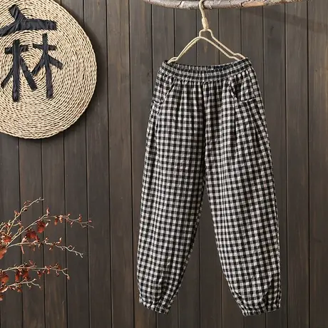 枫谜2022年冬季新款复古格子棉麻靴裤夹棉宽松保暖加厚萝卜裤棉裤图片