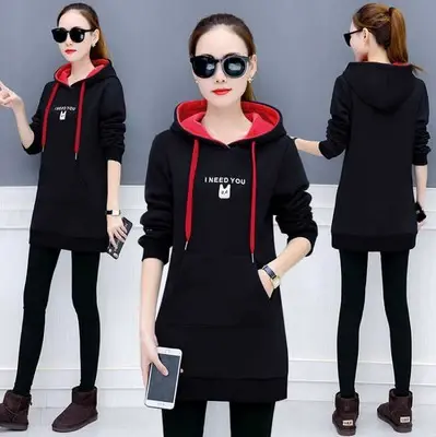 秋季中长款卫衣女潮ins韩版新款连帽加绒上衣百搭加厚长袖外套冬图片