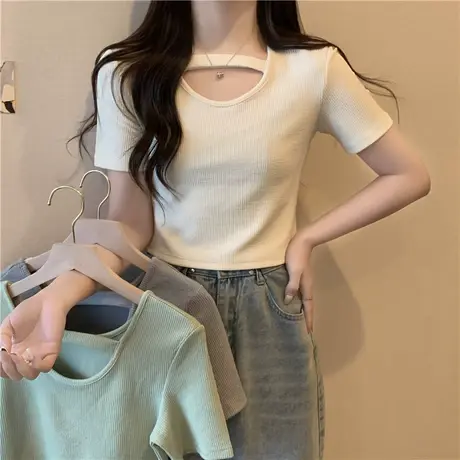 设计感小众正肩短袖t恤女夏修身镂空打底衫内搭短款半袖辣妹上衣图片