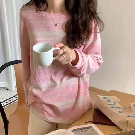 条纹长袖T恤女装春秋季打底衫2023新款网红设计感小众上衣服ins潮商品大图