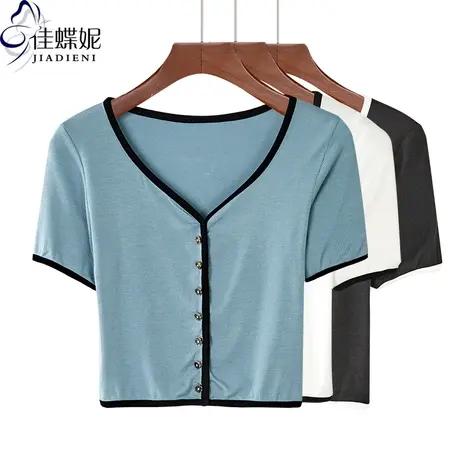 夏季新款韩版纯棉修身显瘦短款高腰V领纽扣纯色短袖体恤上衣女装商品大图