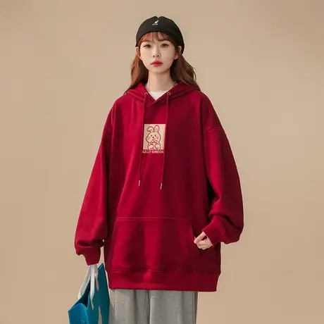 国潮兔年本命年卫衣女2023新款秋冬加绒加厚ins潮牌宽松连帽外套商品大图