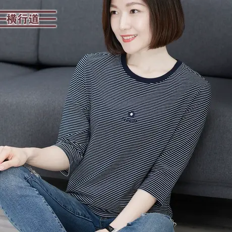 中袖海军上衣女2023新款秋季圆领条纹刺绣妈妈装宽松打底衫七分袖商品大图