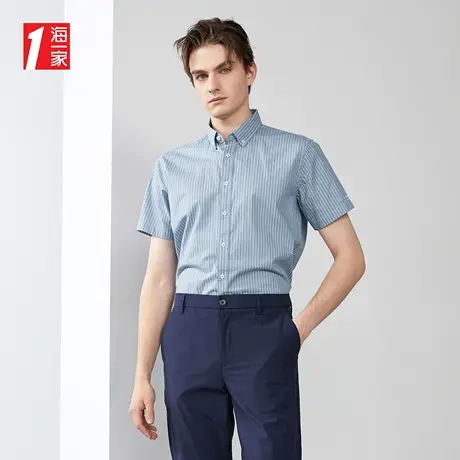 海一家时尚条纹衬衣2023夏季新款休闲商务简约制扣领短袖衬衫男商品大图