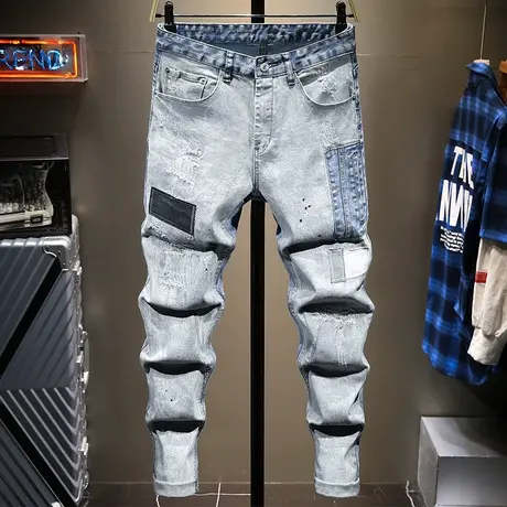春季新款时尚潮牌乞丐旧裤子男牛仔裤修身小脚补丁百搭韩版潮流款商品大图