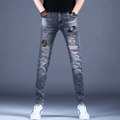烟灰色刺绣印花牛仔裤男款修身小脚秋款薄款2023新款修裤子男潮牌商品大图