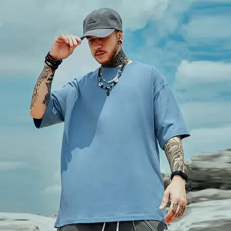 加肥加大纯色宽松T恤绿色情侣纯棉胖子半袖大码男蓝色短袖五分袖商品大图