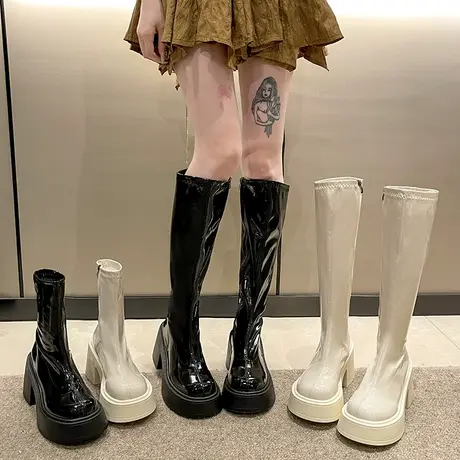 小个子增高厚底弹力靴女2023年春秋新款高筒过膝瘦瘦长筒骑士短靴商品大图