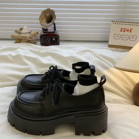 厚底黑色小皮鞋女2023新款秋季英伦风单鞋秋款粗跟复古系带乐福鞋商品大图