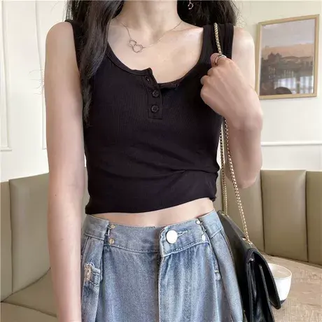 螺纹棉背心女内搭短款夏季薄款锁骨系扣无袖上衣防走光吊带外穿潮商品大图