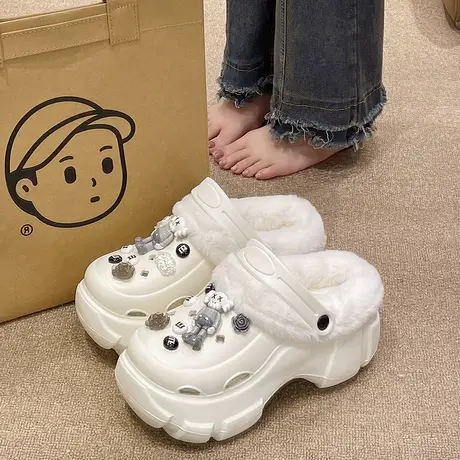 踩屎感洞洞鞋女冬季室内外穿厚底增高两穿可爱保暖加绒包头棉拖鞋商品大图