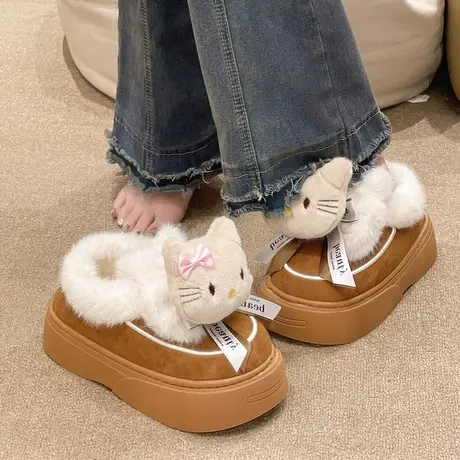 棉鞋女冬季加绒加厚可爱猫咪室内居家保暖包跟厚底防滑棉拖鞋外穿商品大图