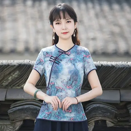 筠雅唐装女中国风素衣改良旗袍上衣夏季短袖修身显瘦中式禅意女装商品大图