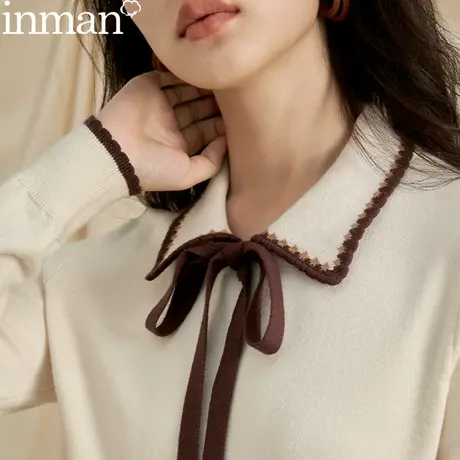 茵曼套头毛衣女蝴蝶结系带2023年秋季新款撞色翻领慵懒长袖针织衫图片