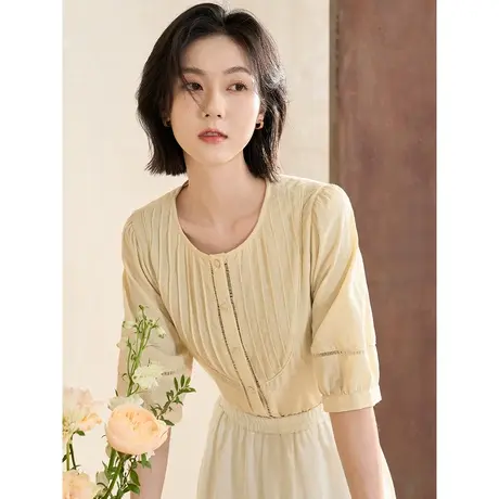 【商场同款】茵曼2023春女装新款时尚通勤提花肌理圆领灯笼袖衬衣图片