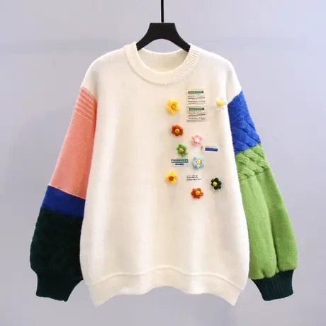 立体小花毛衣女秋冬2023新款韩版宽松设计感复古撞色减龄针织上衣图片