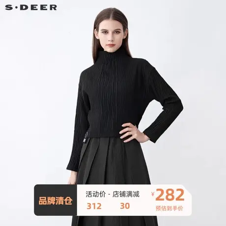 sdeer圣迪奥女装时尚立领肌理褶皱字母长袖T恤S21480202🍄图片