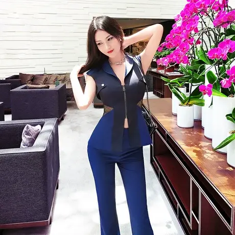 VJE夏季气质职业OL套装女新款时尚无袖修身上衣直筒裤两件套图片