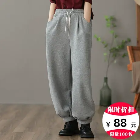 dza 高腰显瘦加绒灰色卫裤女冬外穿长裤休闲哈伦裤加厚宽松阔腿裤商品大图