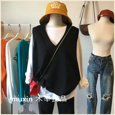 卫衣女春秋薄款2020新款韩版ins潮V领宽松叠穿马甲百搭外套上衣服商品大图