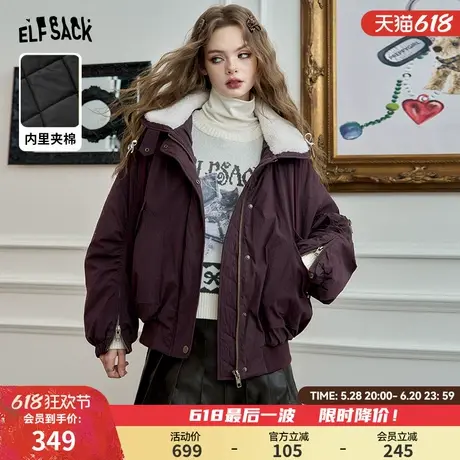 妖精的口袋复古撒银棉服外套女2024年冬季新款仿羊羔毛翻领夹克图片