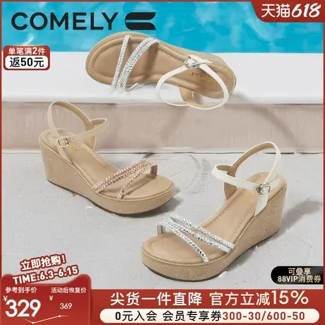 康莉水钻坡跟凉鞋女2025夏季新款厚底一字带凉鞋绝美不累脚小凉鞋图片