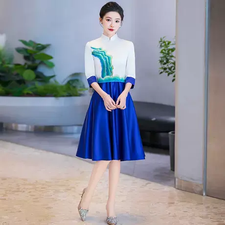 旗袍演出服大合唱短裙女中式晚会表演晚礼服诗歌朗诵学生比赛服装图片