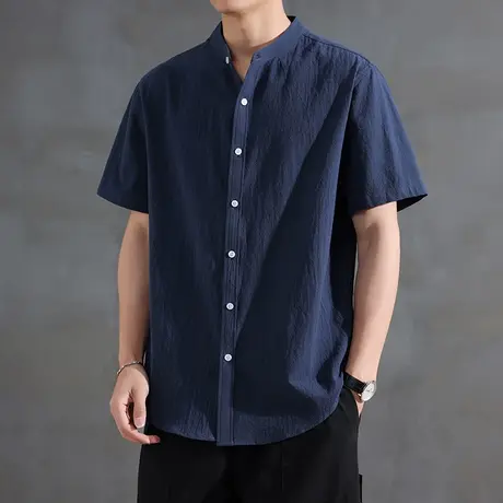 亚麻中式透气黑色立领短袖衬衫男2025年夏新款休闲国风半袖衬衣薄商品大图