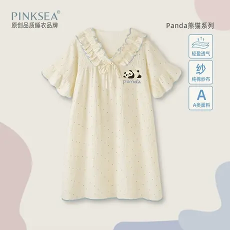 Pinksea纯棉睡裙女款2025新款夏双层纱布可外穿夏季波点中裙睡衣图片