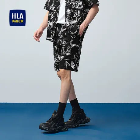 HLA/海澜之家水洗宽松休闲中裤25夏新款抽绳印花沙滩五分短裤子男商品大图